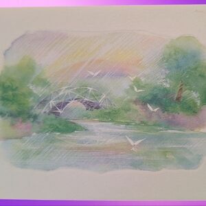 Vintage Pastel Watercolor Rainbow Lake Bird Tree Nature Art Print Blank Card Set